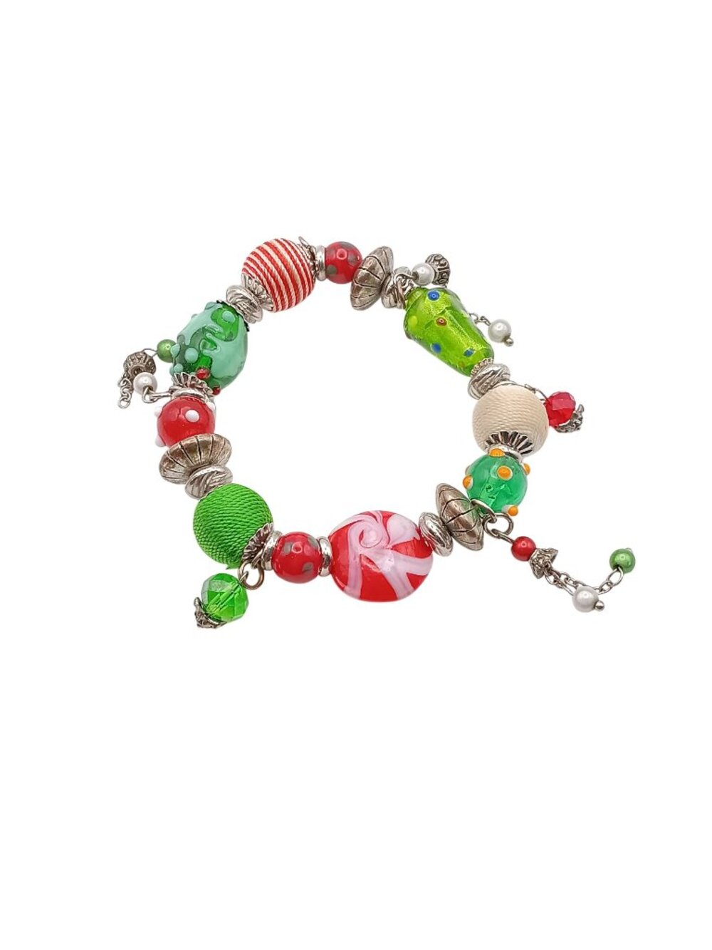 Handmade Holiday-Themed Beaded Bracelet With Red & Green Glass Beads Adjustable